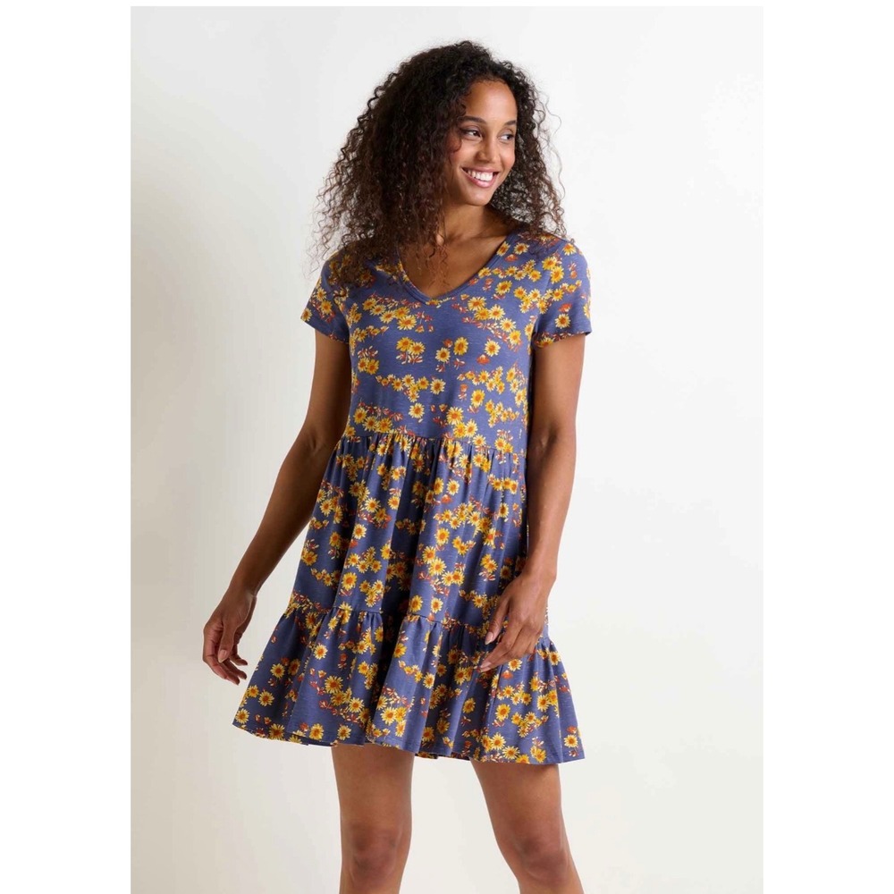 Toad&Co Tiered Marley Dress Blue Yellow Floral Sunflower Organic Cotton Size XL